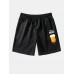 Mens Cartoon Beers Letter Print Loose Drawstring Shorts