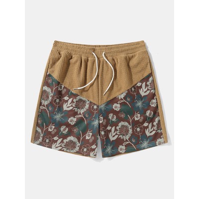 Mens Floral Print Patchwork Corduroy Loose Drawstring Shorts