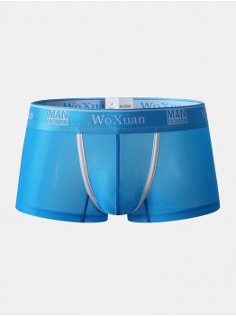 Mens Solid Ice Silk Transparent Seamless Letter Elastic Waist Boxers Underwear