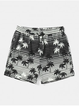 Mens Coconut Tree Striped Print Holiday Loose Drawstring Shorts