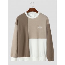 Mens Letter Patch Color Block Round Neck Long Sleeve Sweatshirts