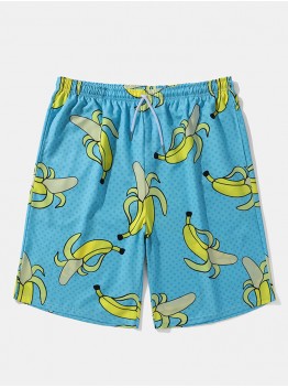 Men Allover Bananas Print Board Beachwear Loose Fit Wide Legged Shorts