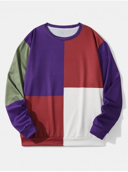 Mens Colorblock Crew Neck Preppy Pullover Sweatshirts